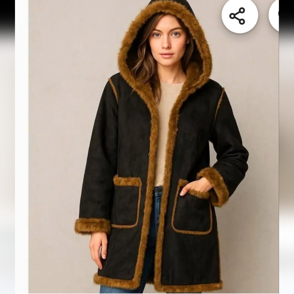 Dennis Basso Winter Suede Faux Fur Reversible Coat Hooded Size XS
